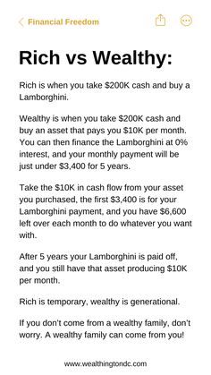 ✨ Discover the true difference between a rich lifestyle and a wealthy lifestyle! Financial freedom is more than spending on luxuries—it's about making smart financial decisions and investing in assets that make money.   💸 This post shows how $200K can become a lasting income source instead of just a fleeting expense. Understanding assets vs liabilities is crucial for building wealth that lasts. With financial tips and financial literacy, you can start creating generational wealth.   🌱 Imagine an asset that not only funds your lifestyle but continues earning for years. Begin your journey toward a wealthy lifestyle and financial freedom today! 📈 Tax Lien Investing Tips, Building Generational Wealth, Emergency Fund Aesthetic, Assets That Make Money, Assets Vs Liabilities, Financial Freedom Aesthetic, Assets And Liabilities, Money Management Books, Financial Literacy Lessons