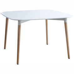 a white table with wooden legs on a white background