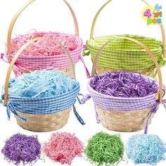 four baskets filled with different colored shredded paper