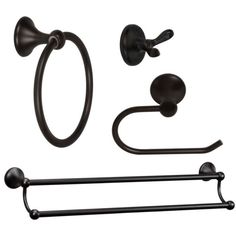 an assortment of bathroom accessories including two towel bars and one toilet paper holder, all in black