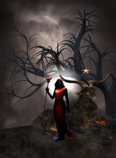 an image of a woman holding a torch in front of a full moon and tree