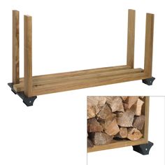 a close up of a wooden shelf with firewood stacked on it's sides