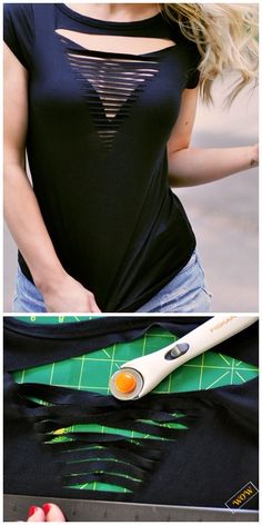 a woman is cutting fabric with an electric iron and a t - shirt that has holes in it