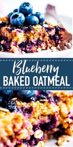 blueberry baked oatmeal on a white plate with a fork and text overlay