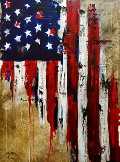 an american flag painted on a wall with red, white and blue paint splatters