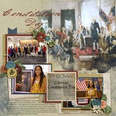 a collage of photos and pictures with people in the background, including an american flag