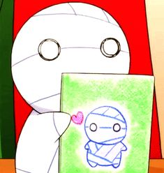 a drawing of a cartoon character holding a piece of paper in front of a painting