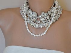 NEW Collection  Bold  Bridal Statement Rhinestone and Freshwater Pearls Necklace $285.00 Pearl Bib Necklace, Statement Necklace Wedding, Bridal Statement Necklace, Bride Necklace, Bridal Pearl Necklace, Pearls Necklace, Pearl Choker Necklace