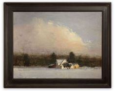 an oil painting of a house in the middle of a snow covered field with trees