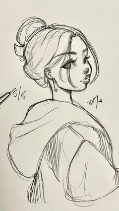 a drawing of a woman's face with her hair pulled back in a bun