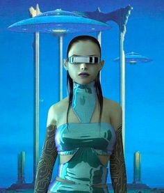 a woman in a futuristic space suit standing next to an alien like structure with mirrors on her eyes