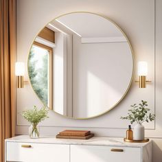 a white dresser topped with a round mirror next to a vase and potted plant