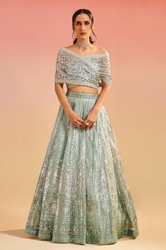 Sea green attached cancan lehenga with all over floral foil embroidery. Paired with scallop trimmed wrap around blouse with all over sequins and floral embroidery. - Aza Fashions Wrap Around Blouse, Engagement Party Outfit, Haldi Ceremony Outfit, Ceremony Outfit, Reception Outfit, Organza Embroidery, Fashionable Saree, Organza Lehenga