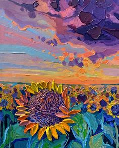 an oil painting of sunflowers in a field with purple, yellow and orange clouds