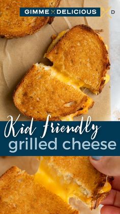 grilled cheese sandwich with text overlay reading kid friendly grilled cheese