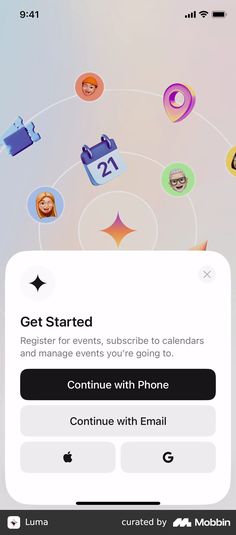 an iphone screen with the text get started and icons above it, on top of a white background