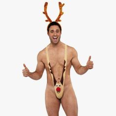 a man wearing reindeer costume and holding his hands up