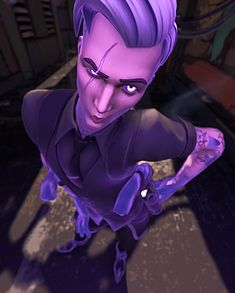 a cartoon character with purple hair and tattoos on his arm, looking at the camera