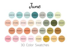 the color swatches for june are all in different colors and sizes, including green, pink