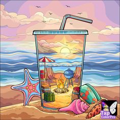 a beach scene with a drink and starfish on the sand