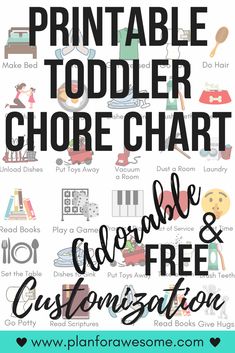 the printable toddler chore chart is shown in black, white and blue