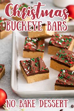 christmas buckeye bars on a white plate with red and green decorations