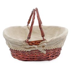 a brown basket with a bow on the handle and handles is sitting in front of a white background