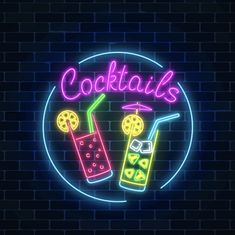 neon sign with cocktails on brick wall background