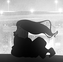 the silhouette of a woman sitting on a window sill with her hair blowing in the wind