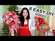 a woman in an apron holding two large red and white bows with the words easy diy