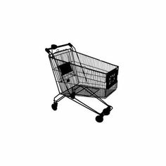 a black and white photo of a shopping cart on wheels with the bottom half empty