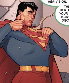 a man in a superman suit with a speech bubble