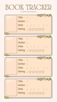 the book tracker is shown in three different colors and font, with hearts on each side