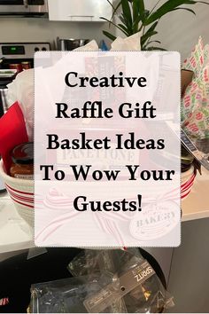 a basket filled with lots of stuff sitting on top of a counter next to a potted plant