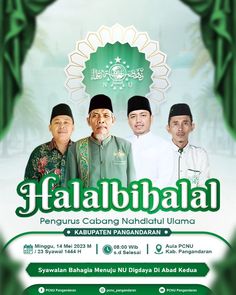 the poster for an islamic festival with two men in green and one man in white