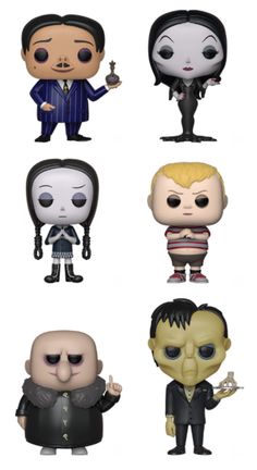 the addams pop vinyl figures are shown in four different styles and sizes, including one with