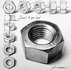 a pencil drawing of nuts and bolts