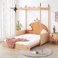 a child's bedroom with a canopy bed, dresser and toy horse on the floor