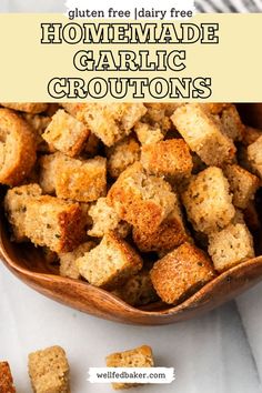 Homemade gluten free and dairy free croutons in a small wooden bowl. Gluten Free Croutons Recipe, Crouton Recipe, Gluten Free Croutons, Garlic Croutons, Gluten Free Sandwich Bread, What Is Gluten Free, Crouton Recipes, Dairy Free Recipes Dinner, Gluten Free Sandwiches