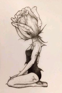 a drawing of a woman sitting on the ground with a rose in her hair and body