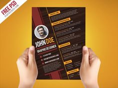 a person holding up a resume on top of a yellow and red background with the words john doe above it