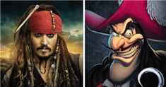 two cartoon characters, one in pirate costume and the other as captain jack sparrow from disney's pirates