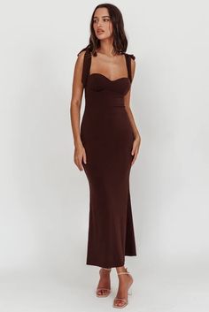 Shop the Rose Garden Tied Shoulder Maxi Dress Brown | Selfie Leslie Dark Brown Formal Dress, Cold Wedding Outfit Guest, Brown Wedding Guest Dress, Burgundy Wedding Guest Dress, Classy Theme, Brown Formal Dress, Brown Prom Dresses, Brown Dresses Formal, Winter Wedding Guest Dress