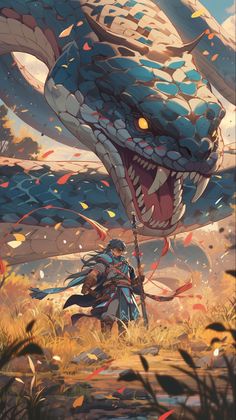 an image of a dragon attacking a man in the middle of a field with grass