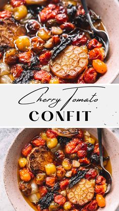 cherry tomato confit with garlic and shallots in a bowl. Predinner Snacks, Cherry Tomato Confit, Tomatoes In Olive Oil, Roasted Tomato Recipes, Antipasto Appetizer, Tomato Appetizers, Tomato Confit, Confit Recipes, Cherry Tomato Recipes