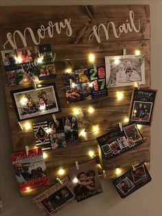 a wooden wall with pictures and lights on it that says merry mail written above them