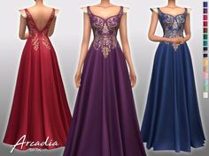 three gowns with different colors and designs for the woman in front, one is wearing a