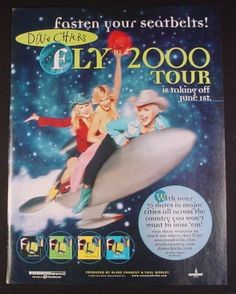 an advertisement for the fly 2000 tour featuring two women on a rocket, and one man in