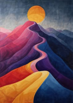 an abstract painting of mountains and hills with the sun setting in the sky above them