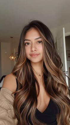 40 Heavy Highlights On Dark Hair Hairstyles That Will Make You Feel Like a Bombshell Caramel Blonde Highlights On Dark Hair, Full Foil Highlights Dark Hair, Cool Brunette Balayage, Braids Highlights, Natural Ombre Hair, Sunkissed Brunette Hair